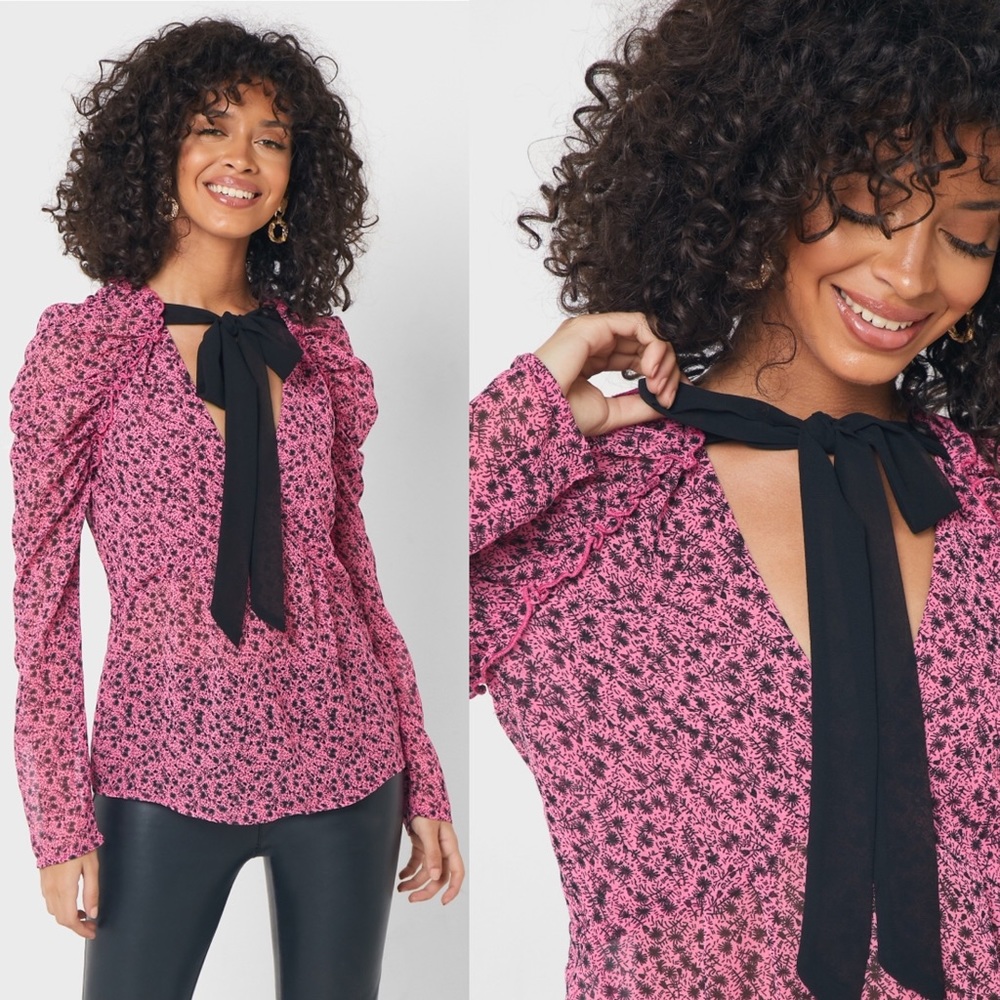 NWT Topshop Pink Black Bow Long Sleeve Blouse Size 8